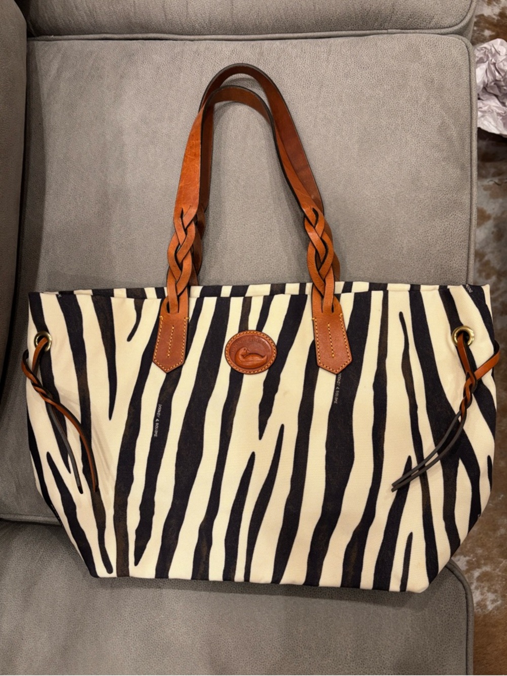 Dooney & Bourke Black and Cream Zebra Canvas Tote with Brown Leather Handles